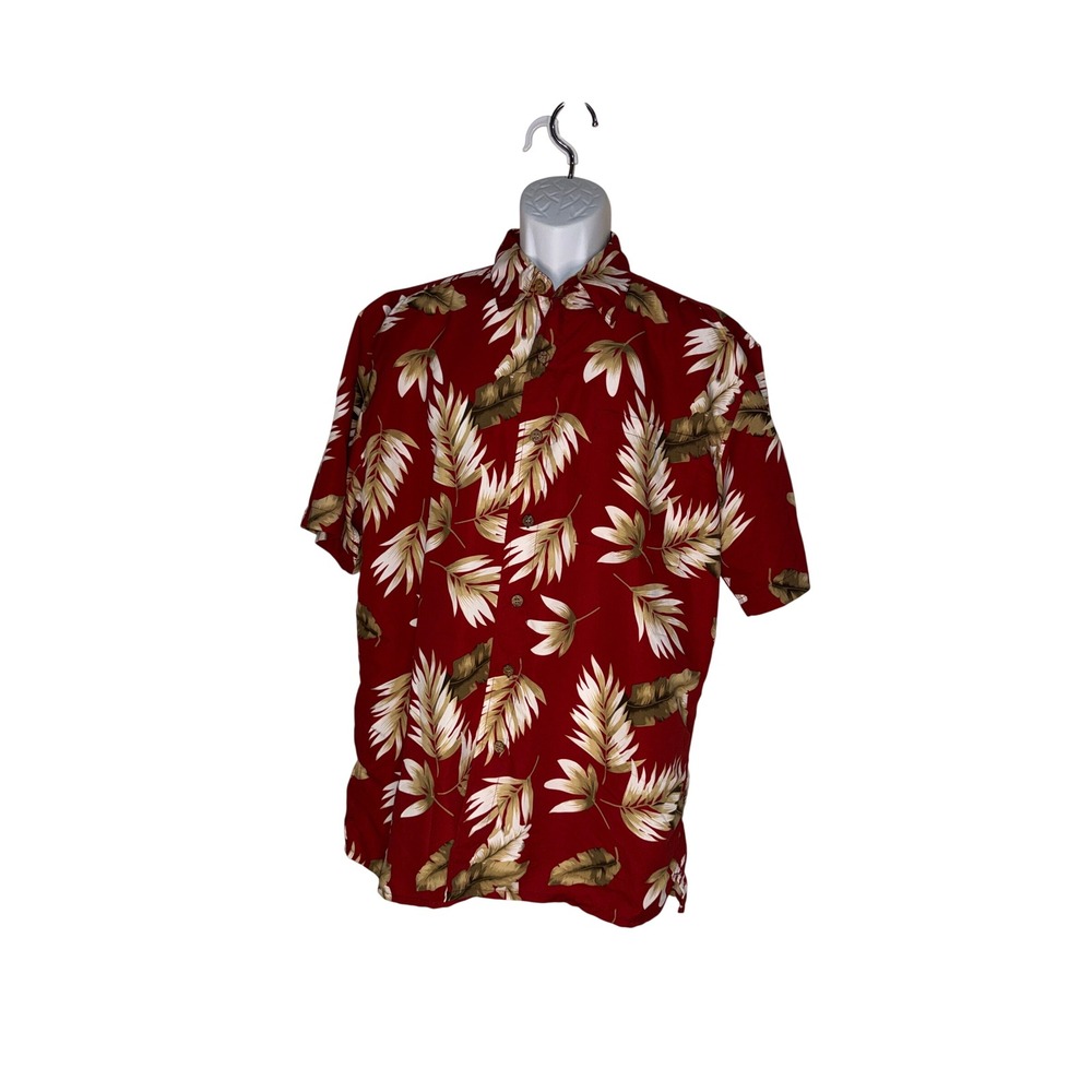 Premier International Mens RedTan Tropical Leaf Print Short Sleeve Button Down M